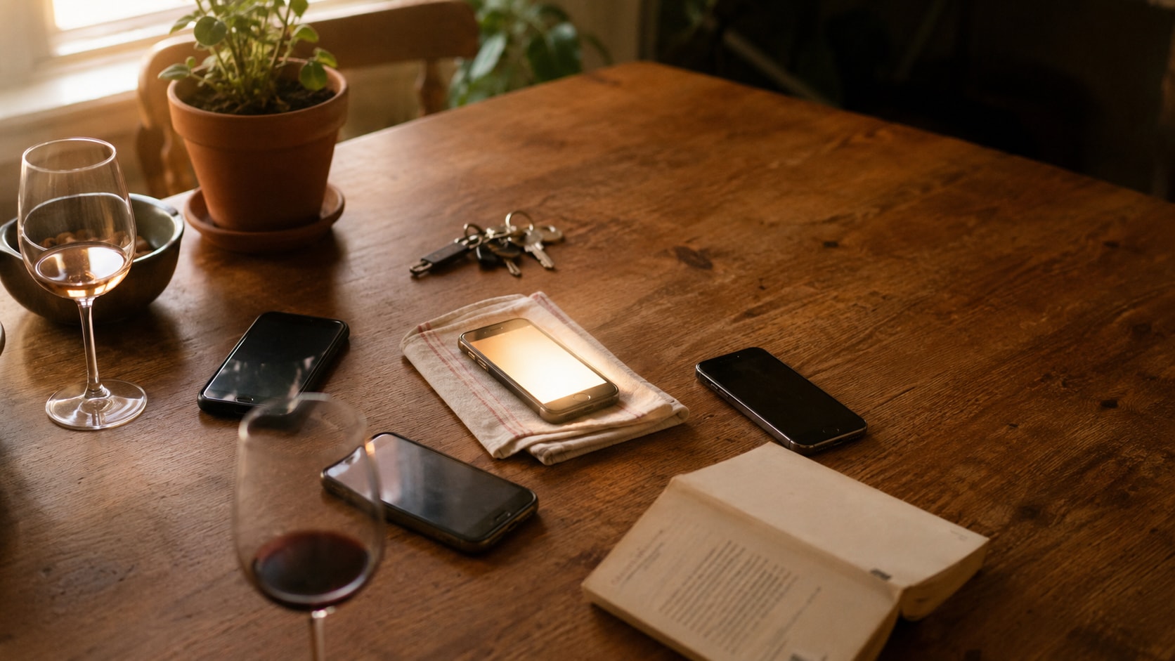 Four iPhones arranged on a wooden table — one centred phone glows warm yellow, the others stay dim — wine glasses and a plant nearby.